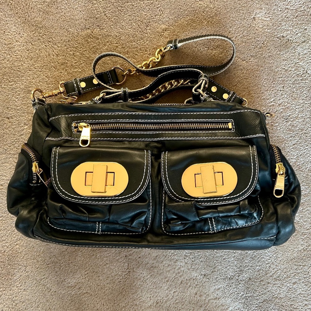 Badgley Mischka Black Leather Purse with Gold Hardware